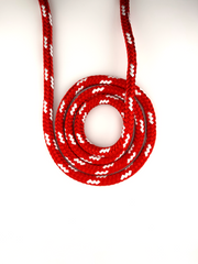 Lupes® Ultra Fancy red double-braided rope with white flecks, made from high-tenacity polyester for low stretch, durability, and smooth handling.
